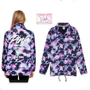 NWT Sz S & M Victoria's Secret Pink Snap Front Coach Jacket Anorak Tie Dye New